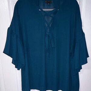 Bobeau 2X Plus Teal Ruffle Sleeve Tie V-Neck Blouse Women’s Short Sleeve